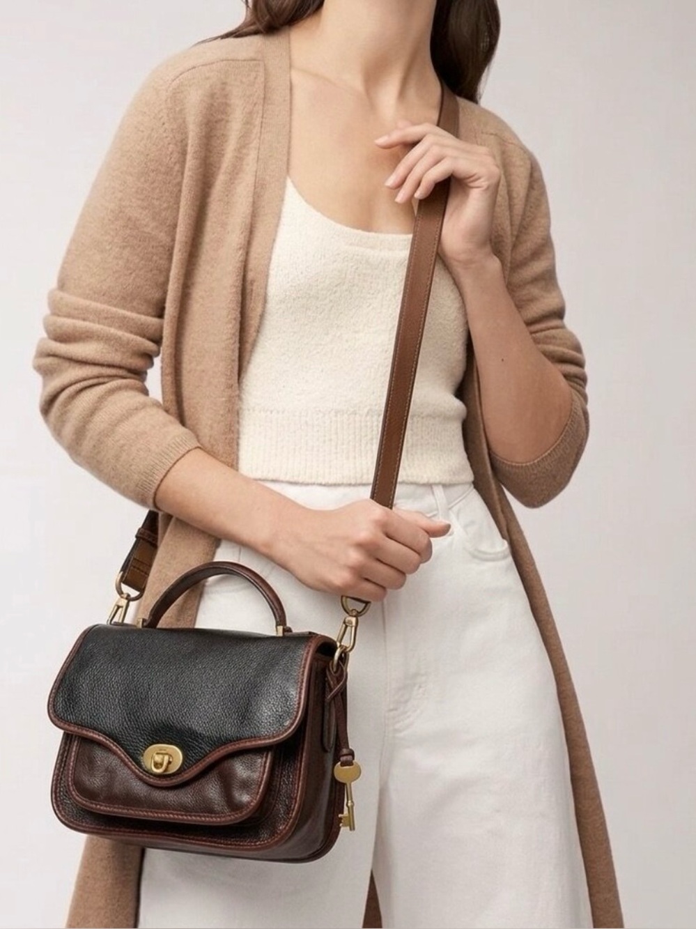 Fossil Heritage Crossbody Bag Top Handle Black Brown Leather Preppy